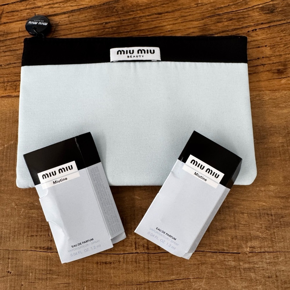 BEAUTIFUL Light Blue & Black Miu Miu Cosmetics Bag w/ TWO perfume samples! NEW
